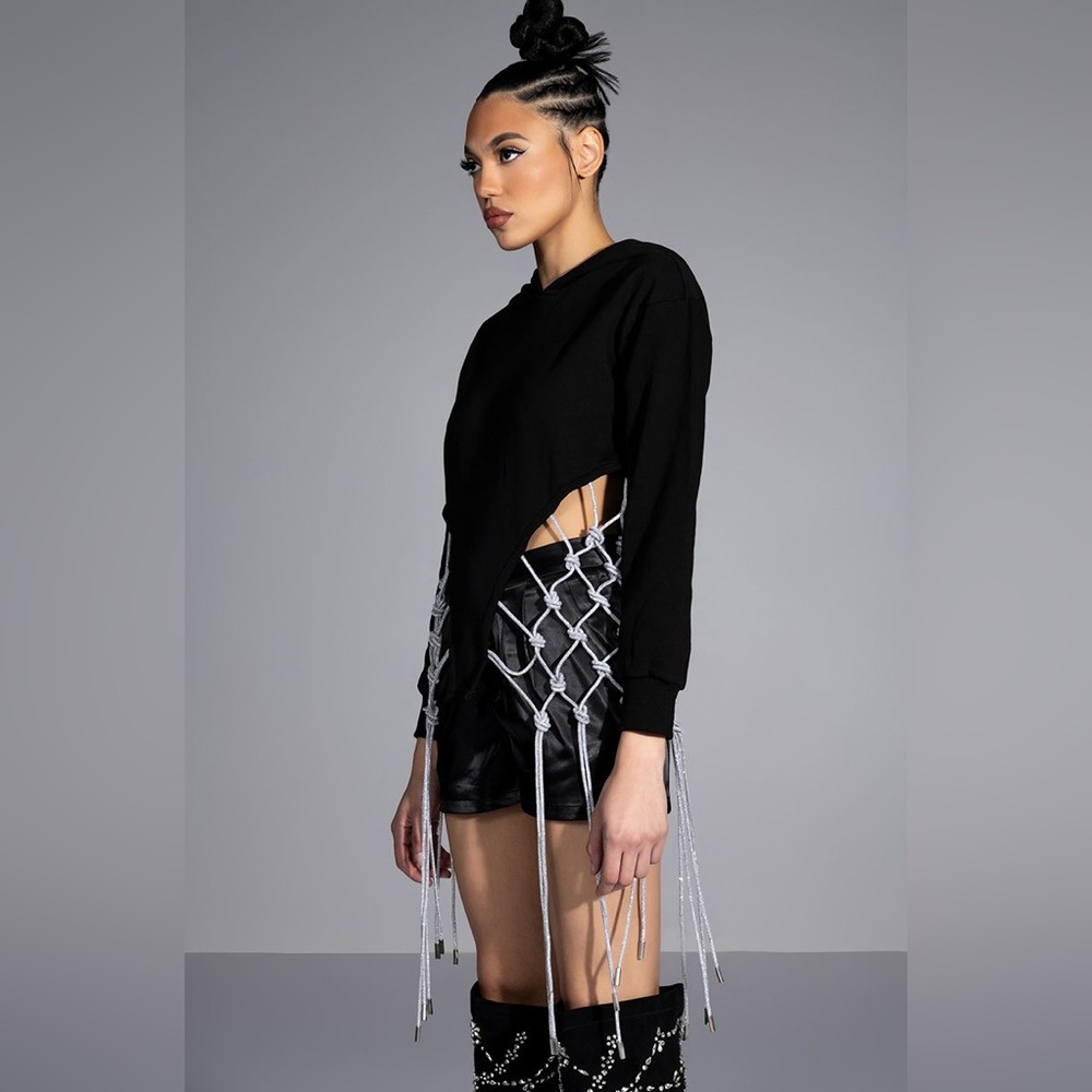 DAY N NIGHT RHINESTONE FRINGE HOODIE IN BLACK